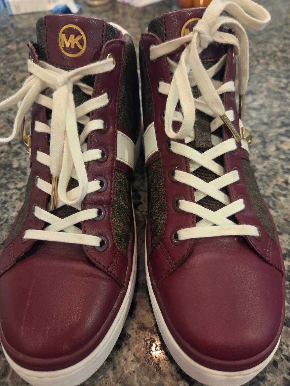 Women's High-Top Sneakers in Burgundy and Brown with Gold Stud Detail